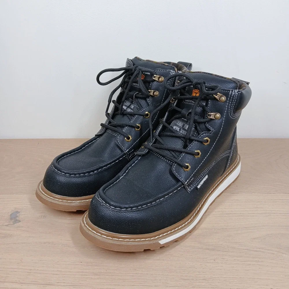 Kelodon Work Boots Mens 10 Black Leather Waterproof Moc Toe Wedge Utility